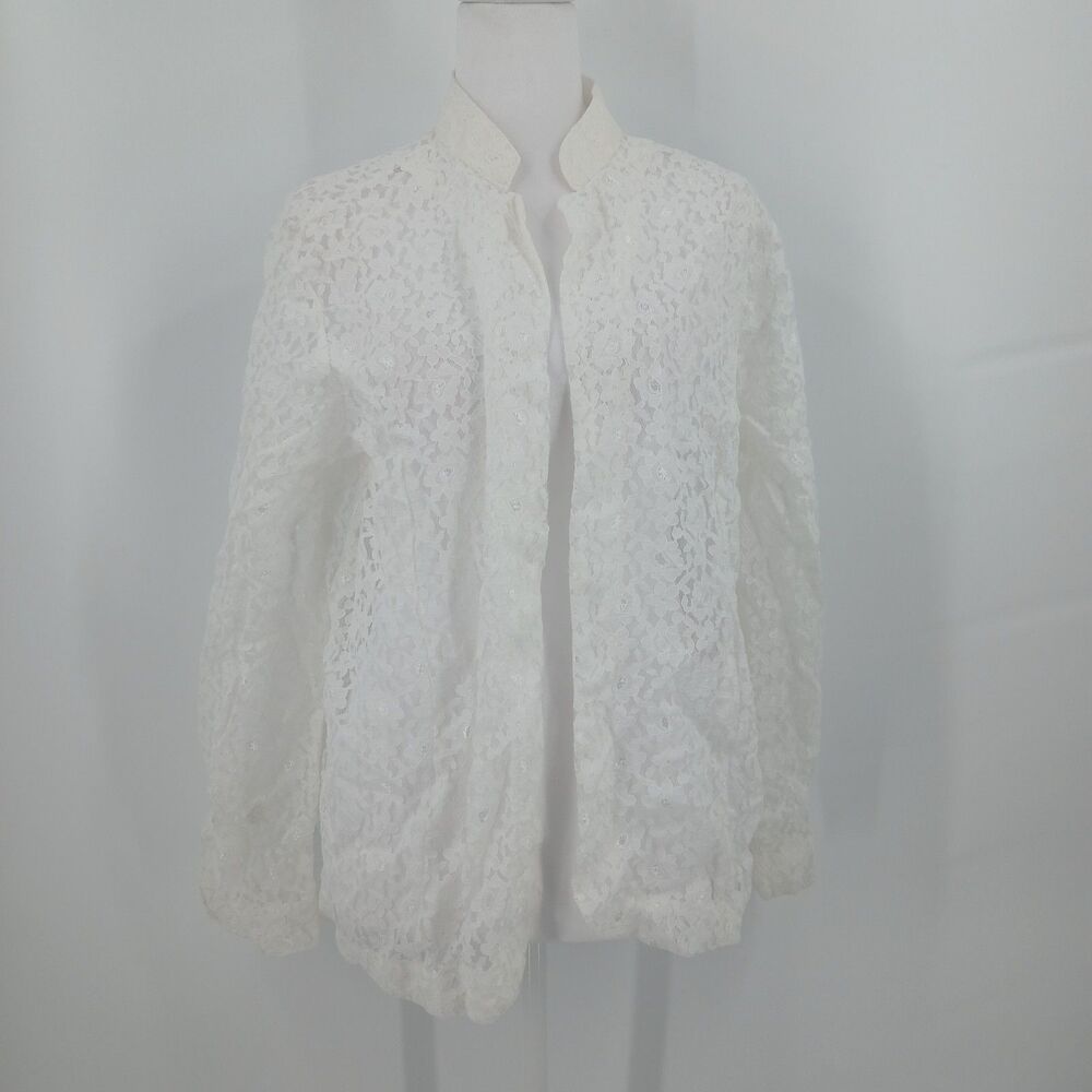 womans vintage tudor court size petite large PL white lace open front top blouse
